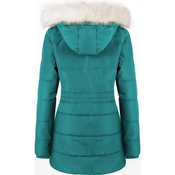 Women's Acid Blue Snow Puffer Jacket Coats Waterproof Removable Faux Fur Hood - Picture 2 of 7